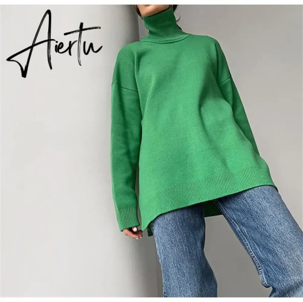 Autumn Winter Women's Sweaters Turtleneck Women Pulovers Side Split Knitted Jumpers Christmas Sweater Oversize Pull For Women Aiertu