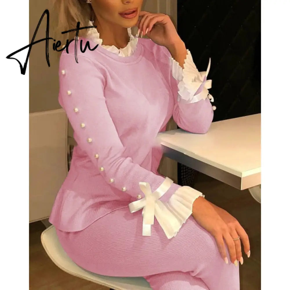 Autumn Women Long Sleeve Shirts Bowknot Buttoned Cuff Slim Blouse Women Tops Casual Elegant Knit Wild Office Splicing Blouses Aiertu