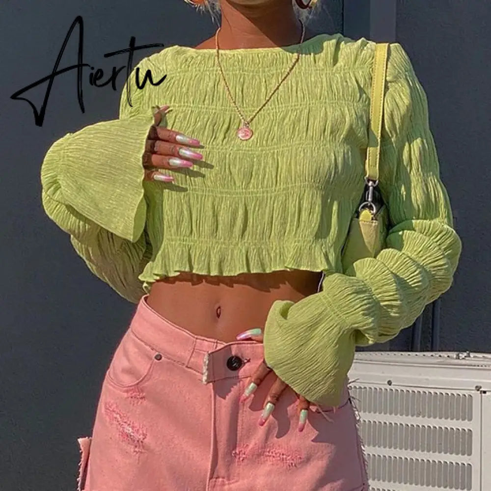 Autumn Women's New Korean Style Pleated Round Neck Long-sleeved Belly Button All-match Crop Top Women Y2k Aesthetic Aiertu