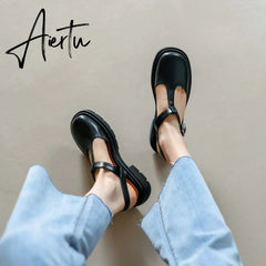 Autumn Women Shoes Round Toe Chunky Heel Women Sandals Women Mary Janes Leather Shoes Concise Shoes for Women Closed Nose Aiertu