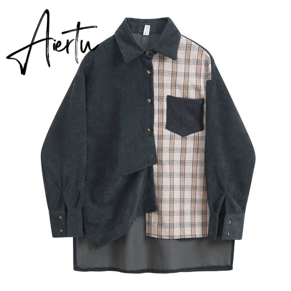 Awen Corduroy Splicing Plaid Shirt for Women Man Fashion Oversized Loose Cardigan Soft Corduroy Korean Lattice Blouse Jacket Top Aiertu
