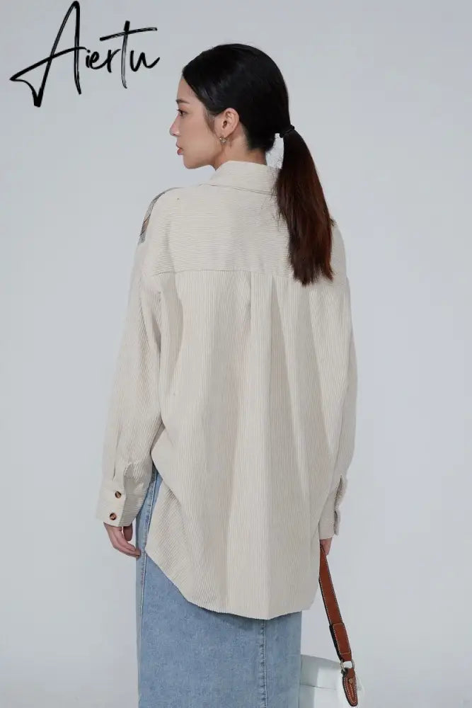 Awen Corduroy Splicing Plaid Shirt for Women Man Fashion Oversized Loose Cardigan Soft Corduroy Korean Lattice Blouse Jacket Top Aiertu