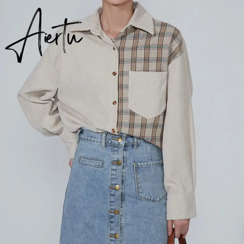 Awen Corduroy Splicing Plaid Shirt for Women Man Fashion Oversized Loose Cardigan Soft Corduroy Korean Lattice Blouse Jacket Top Aiertu