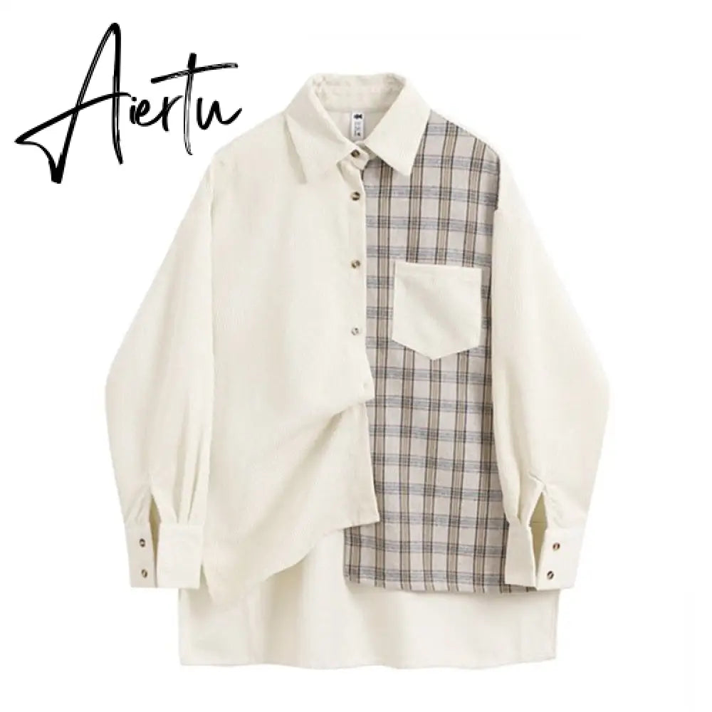 Awen Corduroy Splicing Plaid Shirt for Women Man Fashion Oversized Loose Cardigan Soft Corduroy Korean Lattice Blouse Jacket Top Aiertu