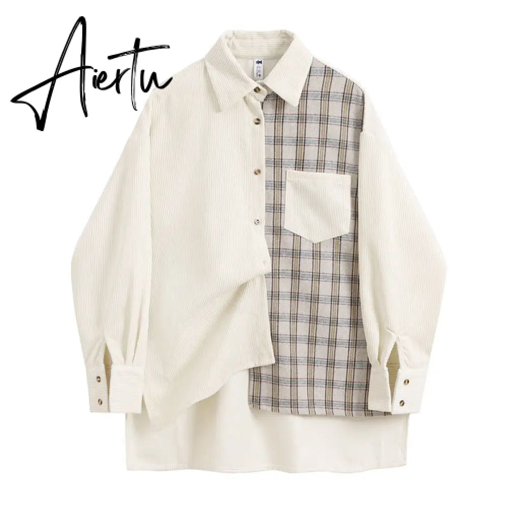 Awen Corduroy Splicing Plaid Shirt for Women Man Fashion Oversized Loose Cardigan Soft Corduroy Korean Lattice Blouse Jacket Top Aiertu