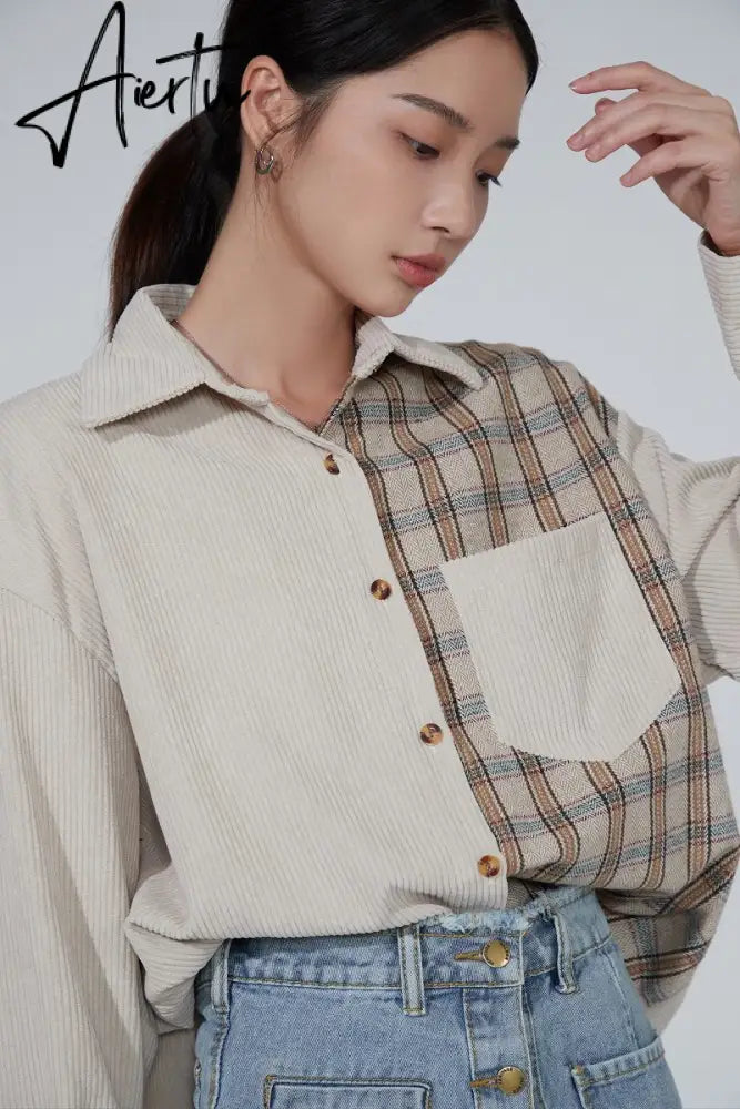 Awen Corduroy Splicing Plaid Shirt for Women Man Fashion Oversized Loose Cardigan Soft Corduroy Korean Lattice Blouse Jacket Top Aiertu