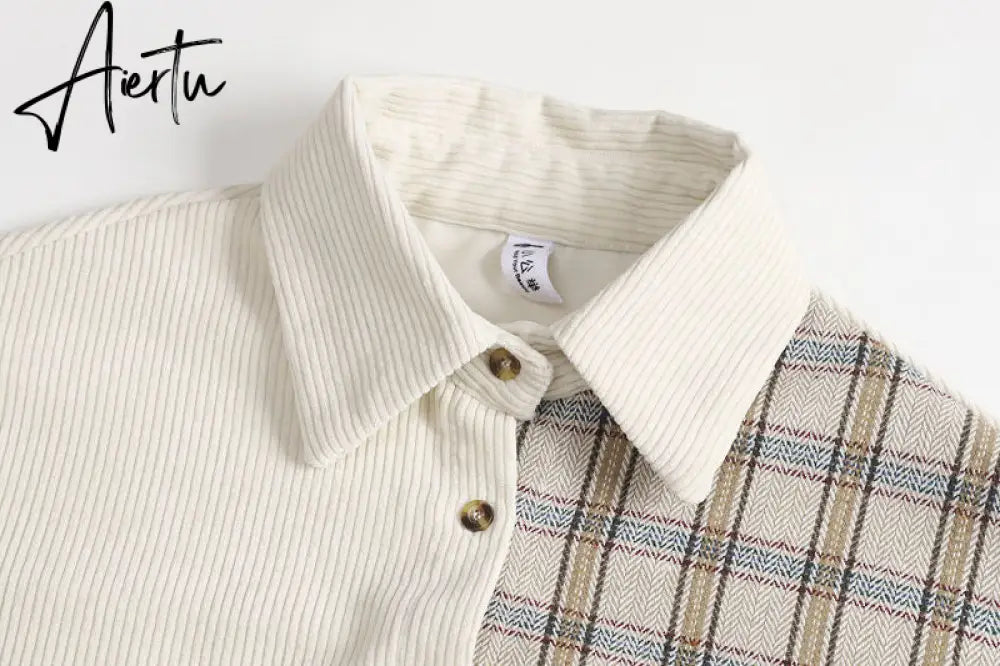Awen Corduroy Splicing Plaid Shirt for Women Man Fashion Oversized Loose Cardigan Soft Corduroy Korean Lattice Blouse Jacket Top Aiertu