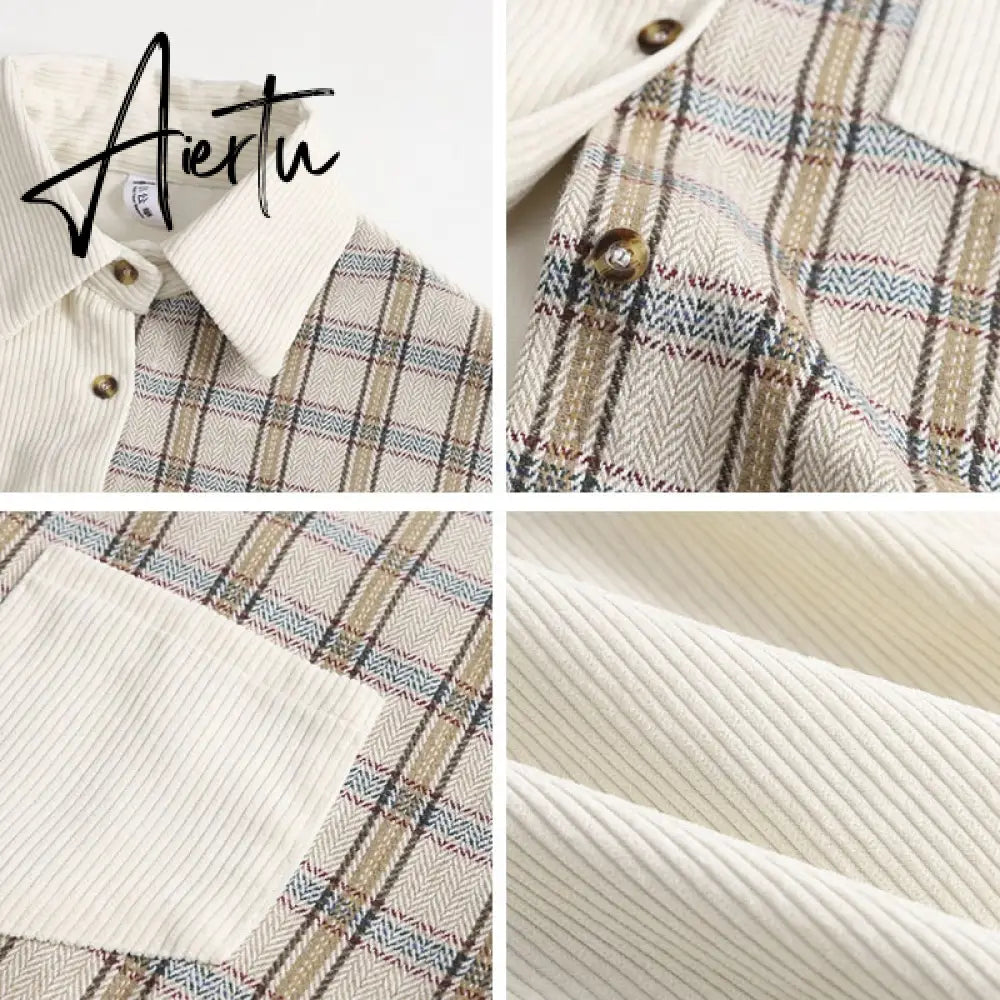 Awen Corduroy Splicing Plaid Shirt for Women Man Fashion Oversized Loose Cardigan Soft Corduroy Korean Lattice Blouse Jacket Top Aiertu