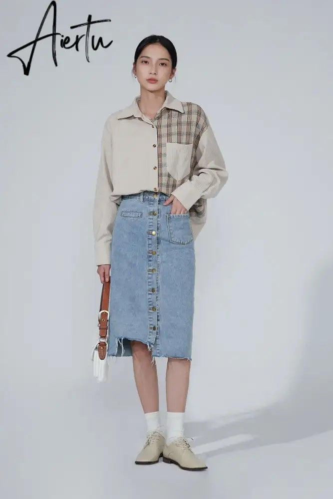 Awen Corduroy Splicing Plaid Shirt for Women Man Fashion Oversized Loose Cardigan Soft Corduroy Korean Lattice Blouse Jacket Top Aiertu