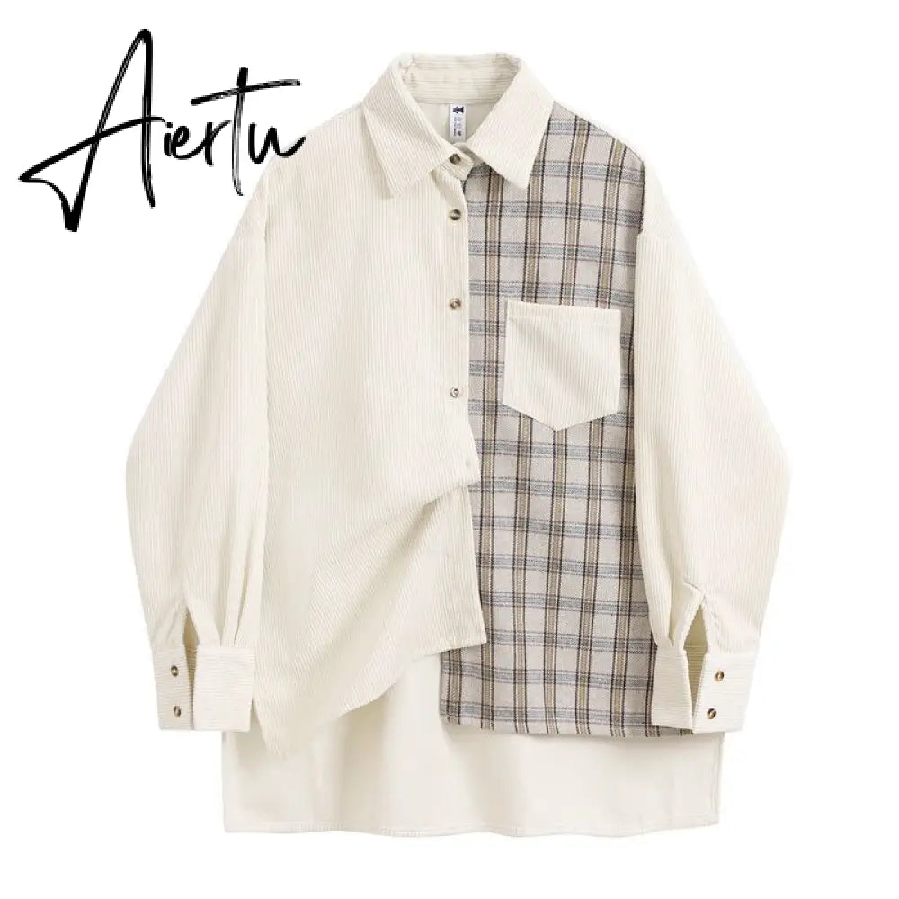 Awen Corduroy Splicing Plaid Shirt for Women Man Fashion Oversized Loose Cardigan Soft Corduroy Korean Lattice Blouse Jacket Top Aiertu