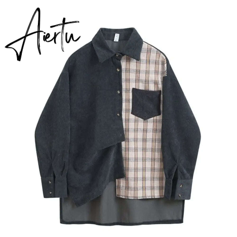 Awen Corduroy Splicing Plaid Shirt for Women Man Fashion Oversized Loose Cardigan Soft Corduroy Korean Lattice Blouse Jacket Top Aiertu