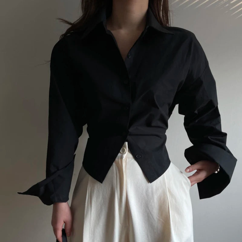 Aiertu Korean Long Sleeve Shirt Women Sexy Strap Backless Chic Blouse Office Lady Slim Lace Up Turn Down Collar Casual Top Aiertu
