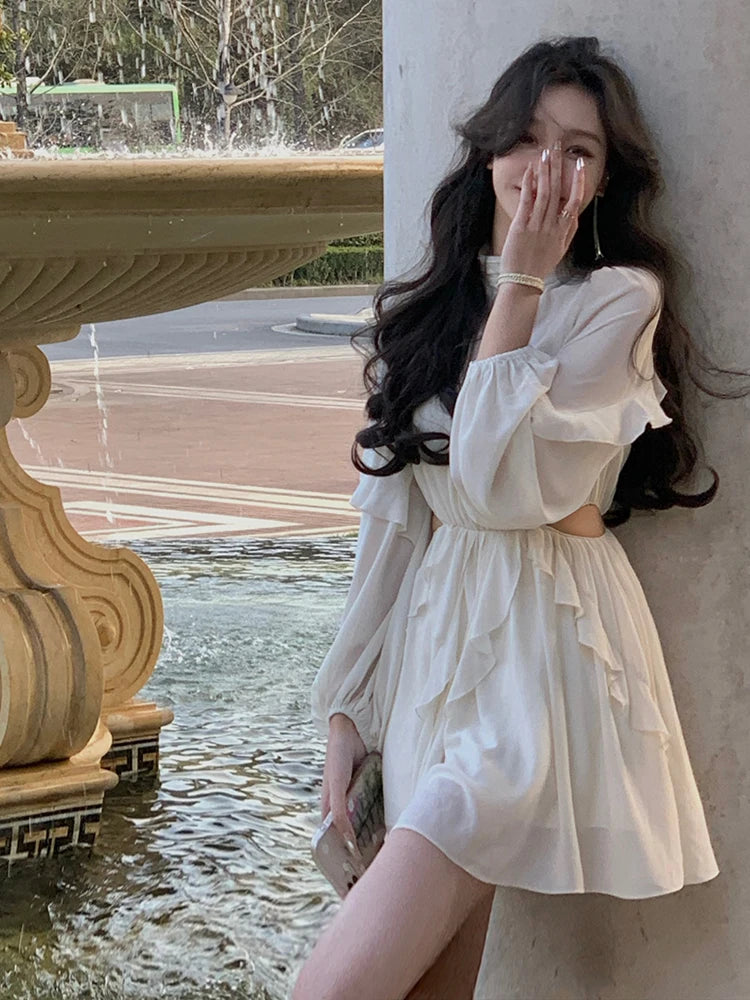 Aiertu Beach Style Chiffon Y2k Mini Dress Office Lady Casual Long Sleeve Elegant One Piece Dress Korean Fashion Clothing Summer Aiertu