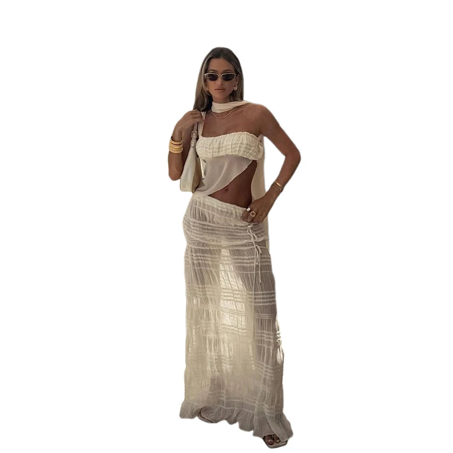 Aiertu  -  Beach Party Two-Piece Set See Through Scarf Mini Wrap Top Mesh Irregular Hem+Multi-Pleated Bottoms Matching Pretty Suits Aiertu