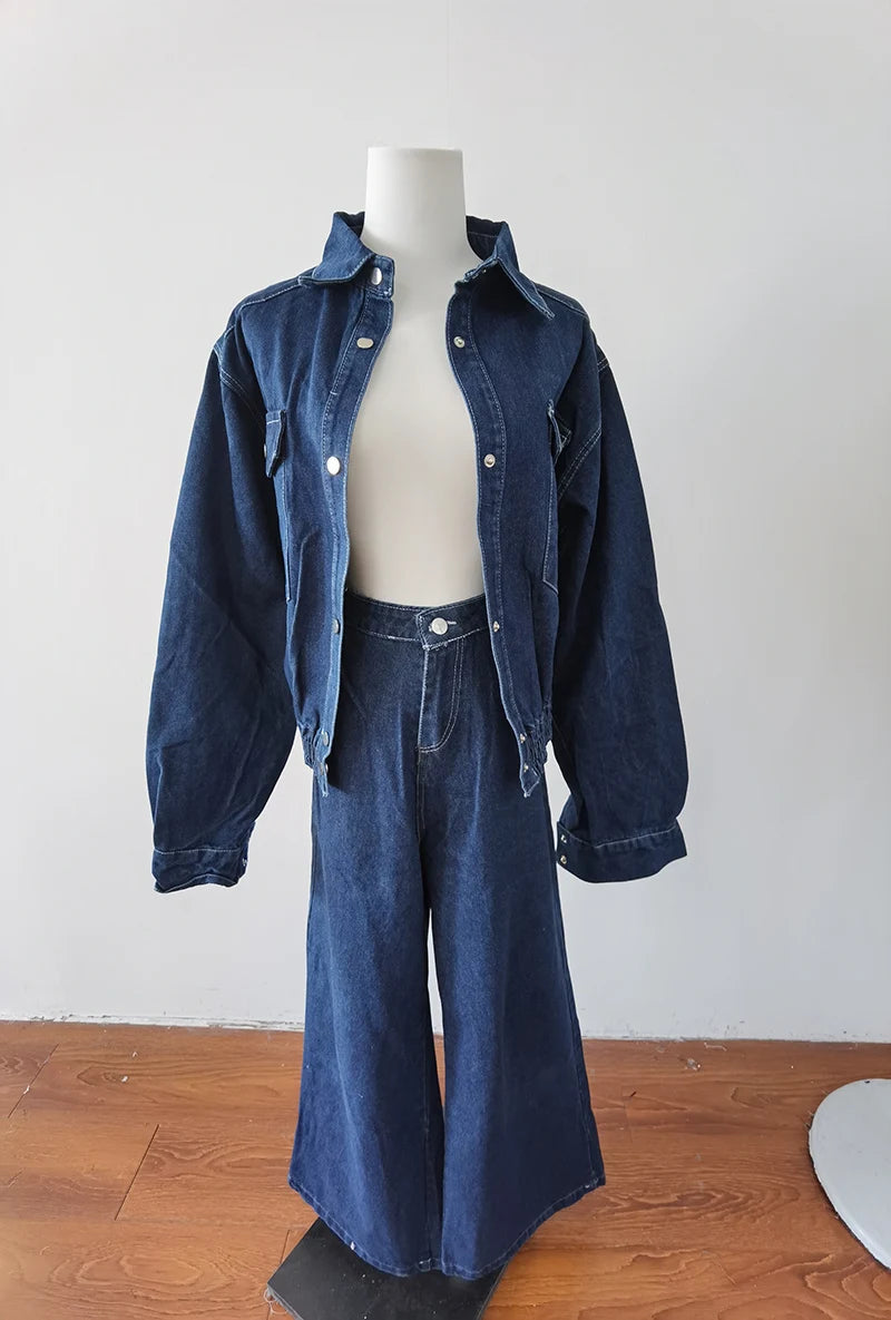 Aiertu  -  Sweet Hot Girl Retro Suit Women's Spring and Autumn Slim Fit Denim Short Shirt Loose Wide Leg Pants Two-piece Set Female Clothes Aiertu