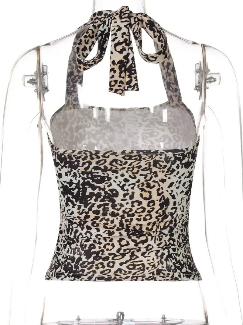 Aiertu  -  Sexy Women Halter Neck Leopard Print Corset 2026 Summer Female Fashion Backless Bandage Crop Tops High Street Skinny Tank Top Aiertu