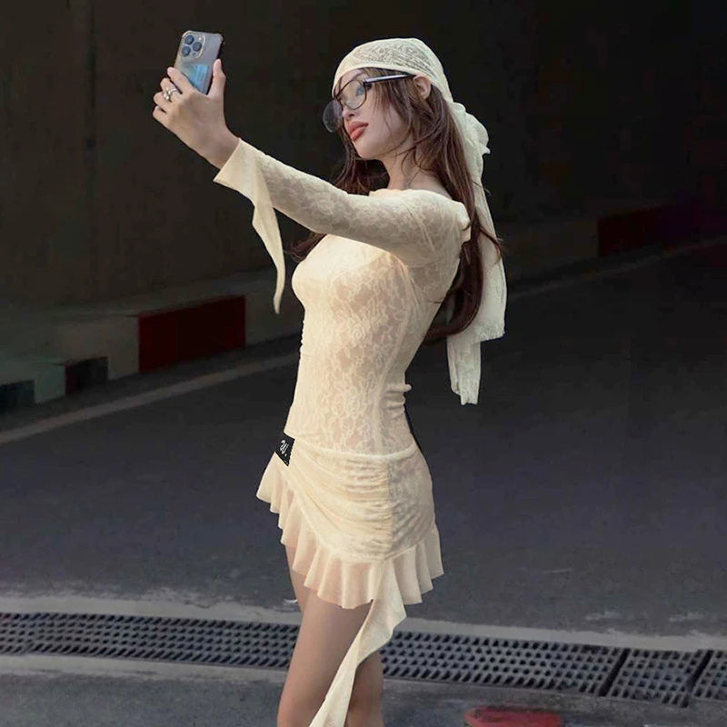 Aiertu  -  Backless Bandage Long Sleeve Dress For Women Women Sexy Y2K Lace Splice Ruched Ribbons Slim Fit Hot Girl Club Party Dress Aiertu