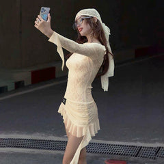 Aiertu  -  Backless Bandage Long Sleeve Dress For Women Women Sexy Y2K Lace Splice Ruched Ribbons Slim Fit Hot Girl Club Party Dress Aiertu
