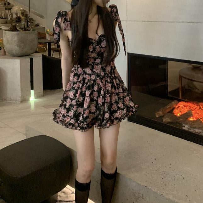 Aiertu Women Sleeveless Dresses Floral Above Knee Sweet Hot Trendy Slim Sexy Ruffles Kawaii Elegant Temperament Mujer Retro Bow Teens Aiertu