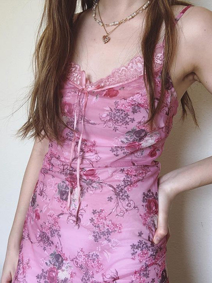 Aiertu  -Vintage Print Lace Trim Mesh V-Neck Cami Dress aiertu