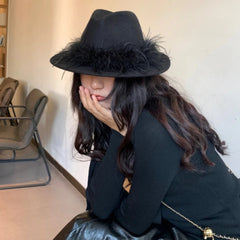 Aiertu  -  Black Fedora Hat For Women Men British Style Outdoor Flat Brim Top Hat Female Ostrich Fur Furry Wide Brim Party Cap Lady Aiertu