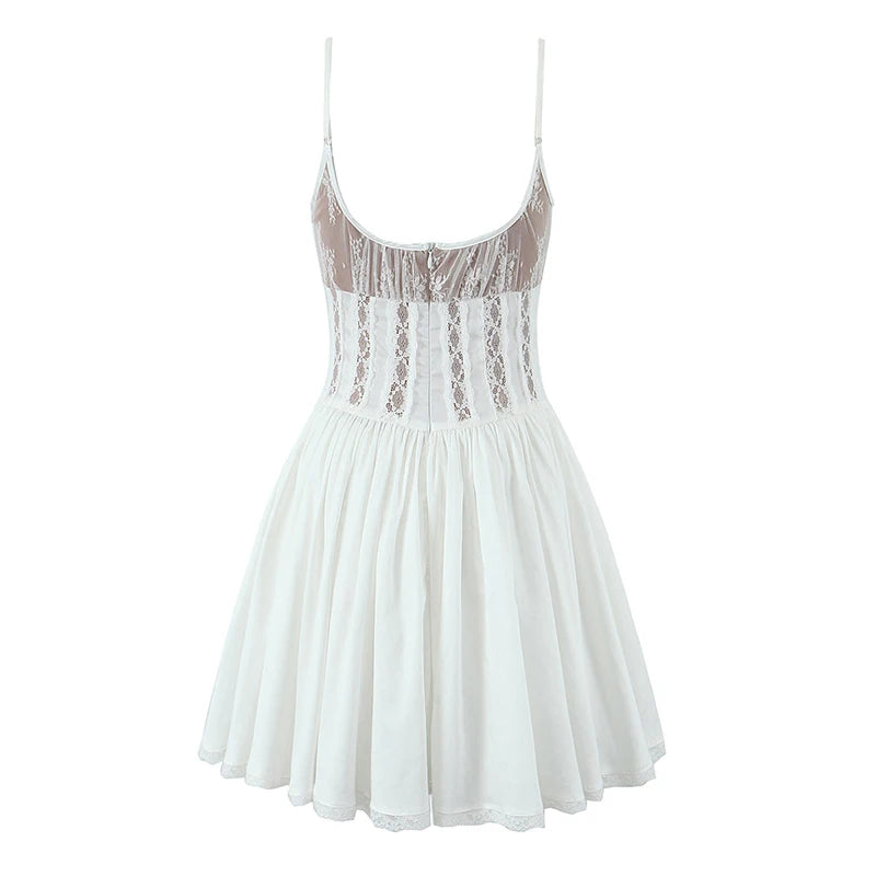 Aiertu  -  Romantic Women Patchwork Lace Sling Sexy Dress Round Neck Low Waist Pleated Swing White Party Mini Dresses Birthday Robe Aiertu