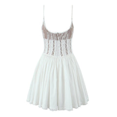 Aiertu  -  Romantic Women Patchwork Lace Sling Sexy Dress Round Neck Low Waist Pleated Swing White Party Mini Dresses Birthday Robe Aiertu