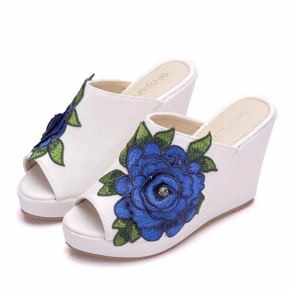 Aiertu  -  Queen Black White Peep Toe Platform Wedges Sandals Wedges High Heels Slippers Beach Sandals For Women Lace Flower Aiertu