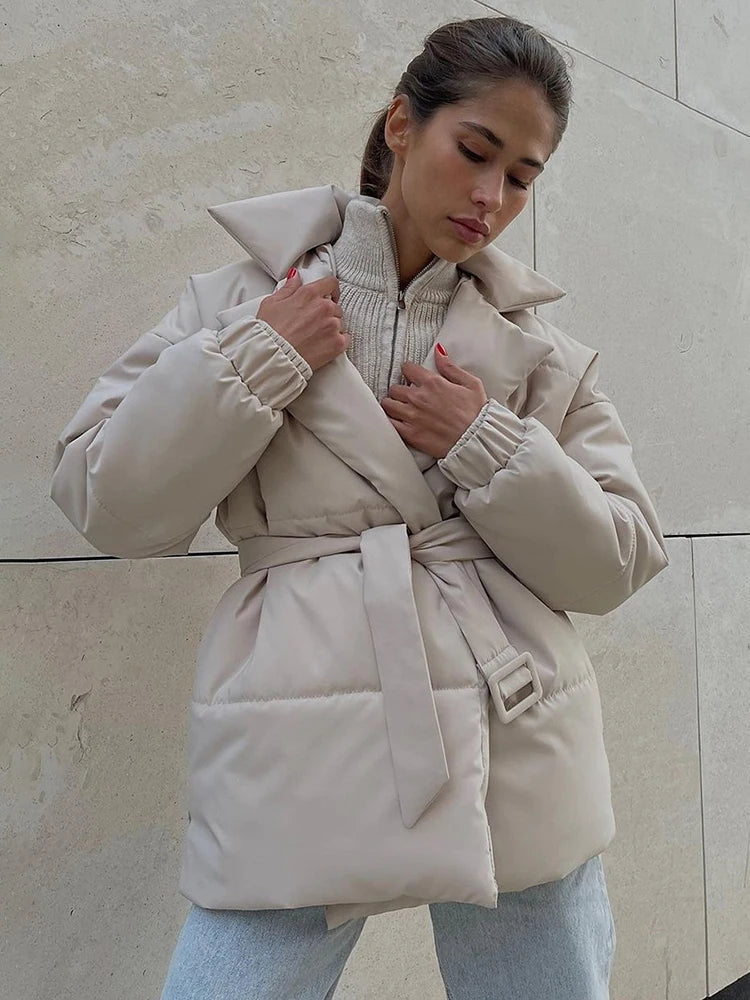 Aiertu  -  Fall Winter Thickened Lapel Cotton Jackets Coat For Women Solid Color Lace Up Waist-Cinching Casual Cotton-Padded Jacket Aiertu