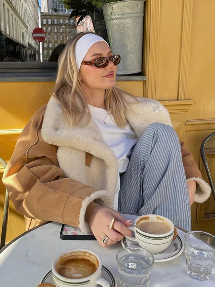 Aiertu  -  layered look inspo Vintage Patchwork Women Maxi Jacket Lapel Lamb Wool Pocket Lady Coat Fashion Full Sleeve Autumn Warm Thicken Female Top Aiertu