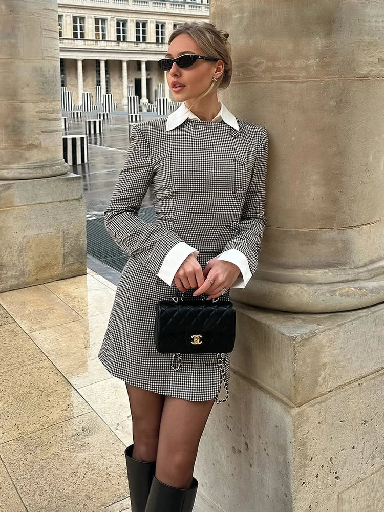 Aiertu  -  Women's Contrast Mini Dress Elegant Office Lady Lapel Slim High Waist Splice Buttons Cardigan Dresses Female Spring Dress Aiertu