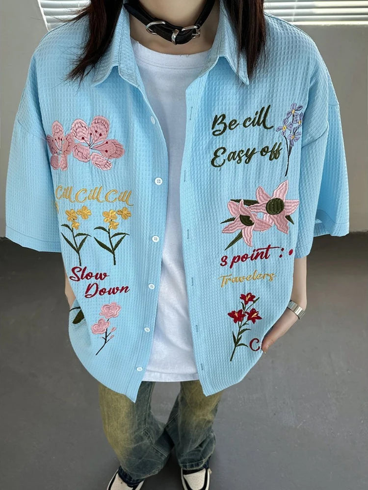 Aiertu  -  Harajuku Embroidery Floral Blouse Female Short Sleeve Oversize Summer Shirts for Women American Retro Button Up Cardigan Aiertu