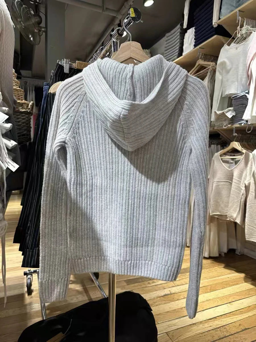Aiertu  -  Gray Twisted Hooded Sweater Women Winter New Buttons Long Sleeve Pocket Slim Jumper Simple Casual Preppy Style Knitted Pullovers Aiertu