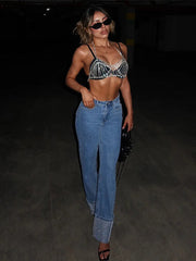 Aiertu  Chic Women Patchwork Cuffed Jeans Y2K High Waist Flanged Hot Drilling Straight Jean Pants 2025 New Casual Denim Pants Streetwear Aiertu