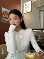 Aiertu       -  Fairycore T-shirt Woman Long Sleeve Lace Up Bow Tees Female Clothing 2000s Clothes Y2k Solid Autumn Tops Casual T Shirt Aiertu