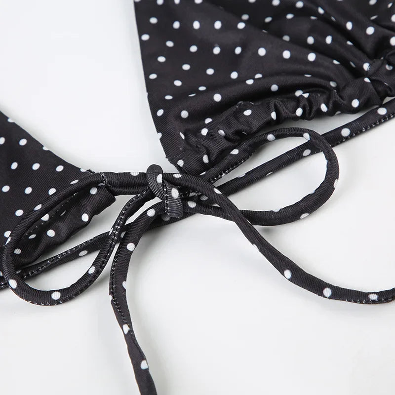 Aiertu  -  Summer Vacation Beach 2 Piece Set Women Sexy Polka Dots Print Lace Up Halter Bra + Ruffles Micro Mini Skirts Swimsuit Aiertu