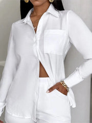 Aiertu Fashion Two Piece Outfits Women's Turn-down Collar Pocket Design Button Shirt Top & Shorts Set New Summer Women Solid 2pcs Sets Aiertu