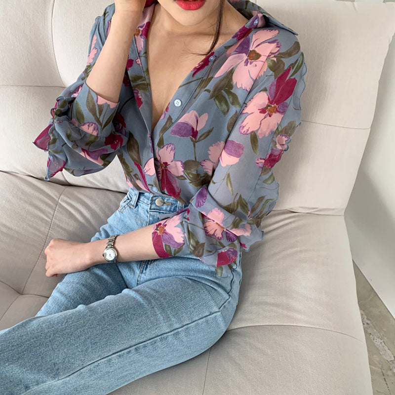 Aiertu Vintage Floral Chiffon Shirt Women Elegant Long Sleeve Print Thin Blouse Cardigans Korean Loose All Match Sunscreen Tops Aiertu