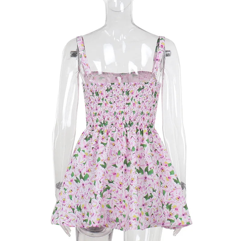 Aiertu  -  Pink Floral Printed Slip Dress Women Summer Sexy Sleeveless A-line High Waist Short Dresses Vacation Beach Sundress 2025 New Aiertu