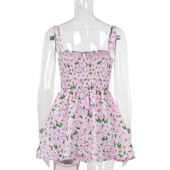 Aiertu  -  Pink Floral Printed Slip Dress Women Summer Sexy Sleeveless A-line High Waist Short Dresses Vacation Beach Sundress 2025 New Aiertu