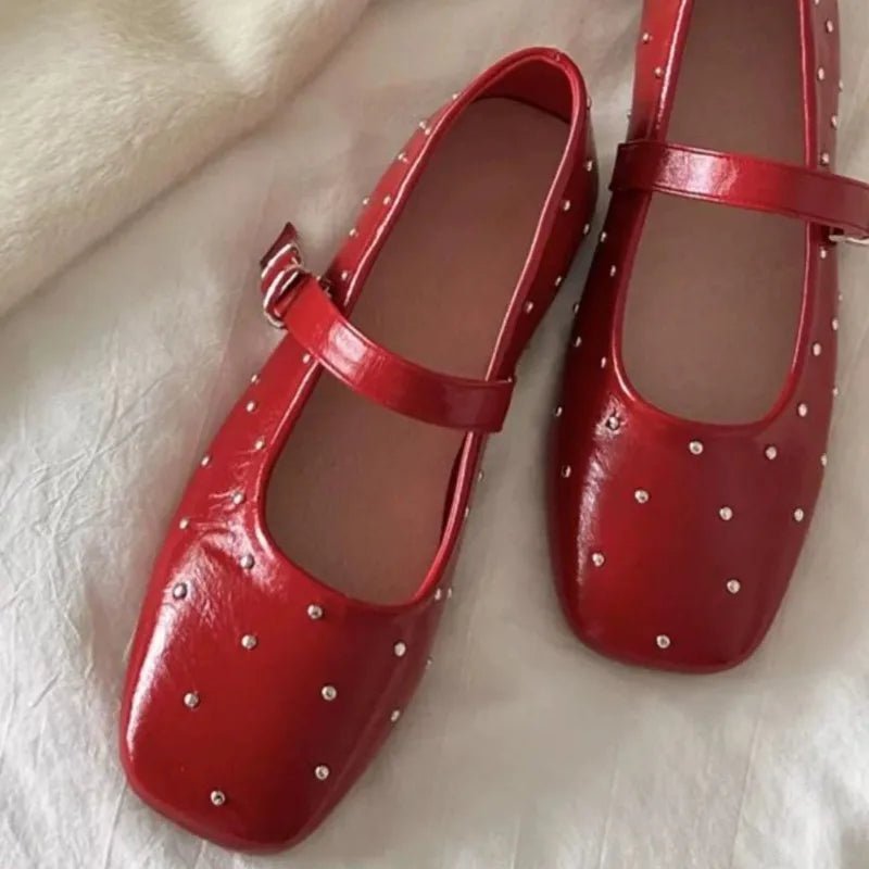 Aiertu  -   Square Toe Red Rivet Mary Jane Shoes Women Elegant Spring Autumn Flats Shoes Ladies Shallow Casual Black Loafers Footwear 2025 Aiertu