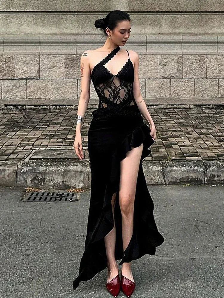 Aiertu  -  Sexy Hollow Out Dress Women Sling Backless Irregular Ruffle Hem Split Dresses Female 2025 Spring Summer Lace Club Bar Lady Robe Aiertu