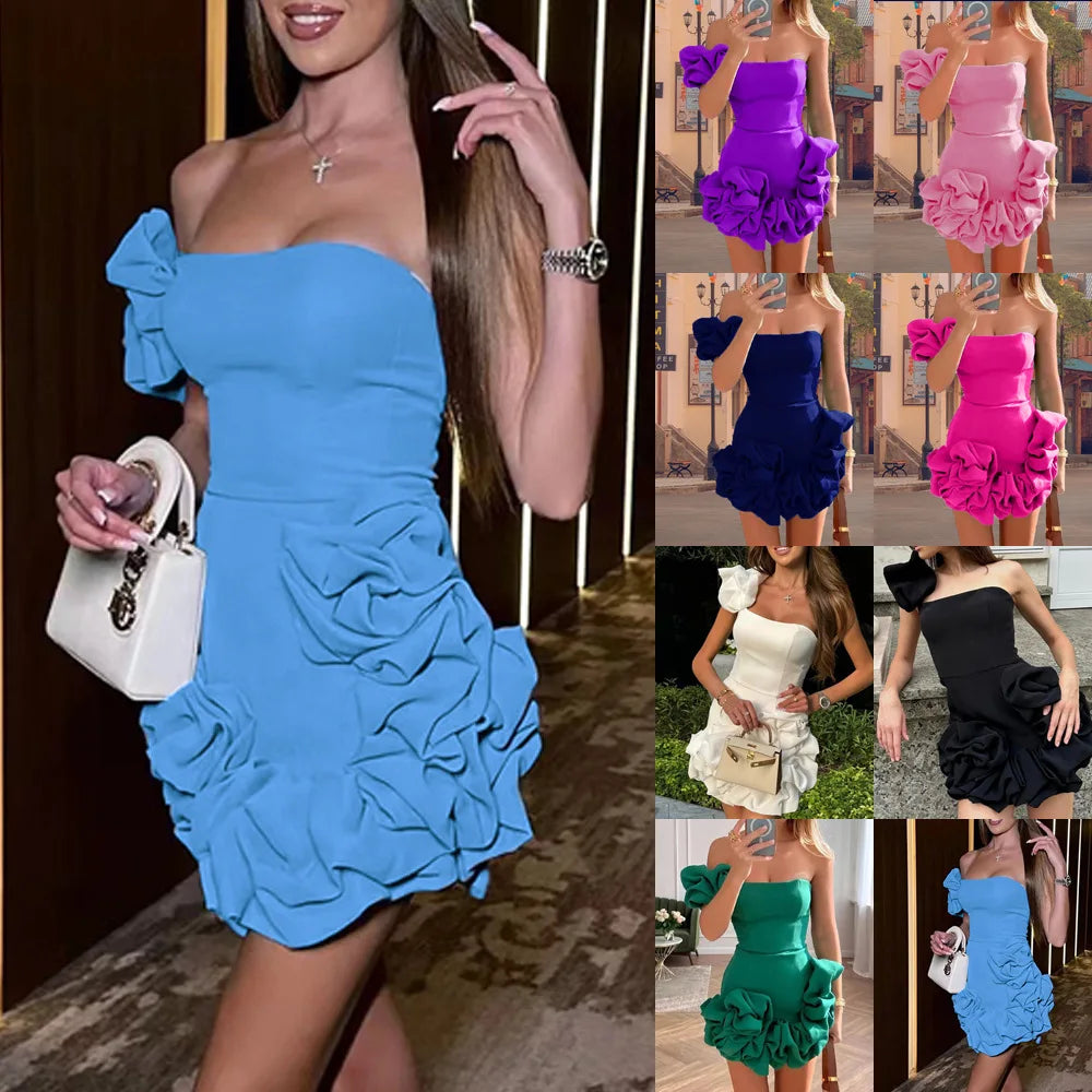 Aiertu Women Mini Dress Sexy Strapless Sleeveless Ruffles Dresses High Waist One Shoulder Elegant White Temperament Bodycon Vestidos Aiertu