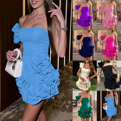 Aiertu Women Mini Dress Sexy Strapless Sleeveless Ruffles Dresses High Waist One Shoulder Elegant White Temperament Bodycon Vestidos Aiertu