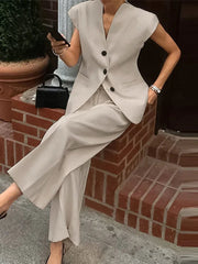Aiertu  Elegant V-neck Top Long Pants Set Women Sleeveless Single Breasted Vest High Waist Wide Leg Pants Lady 2025 Spring Summer Outfit Aiertu