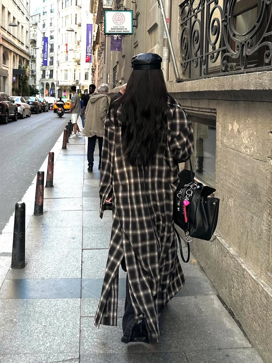 Aiertu  Tall Girl Checkered Oversize Coat Women Cotton Long Sleeves Casual Single-breasted Tartan Shirt Jacket Vintage Clothes Aiertu