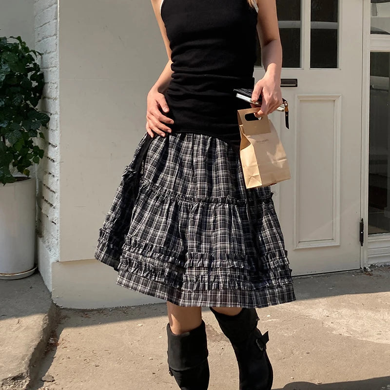 Aiertu  -  Vintage Plaid Mini Skirt Women Japanese Harajuku Ruffles Patchwork Black Skirts Summer High Waist Casual A Line Faldas New Aiertu
