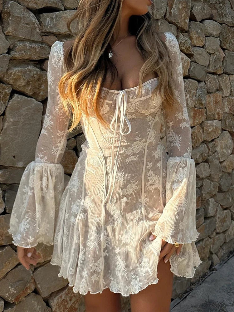Aiertu Lace Ruffle Mini Dress Slim Sexy Backless Long Sleeve Bandage Dresses Women Summer Slim Patchwork Vacation Beach Dress Aiertu