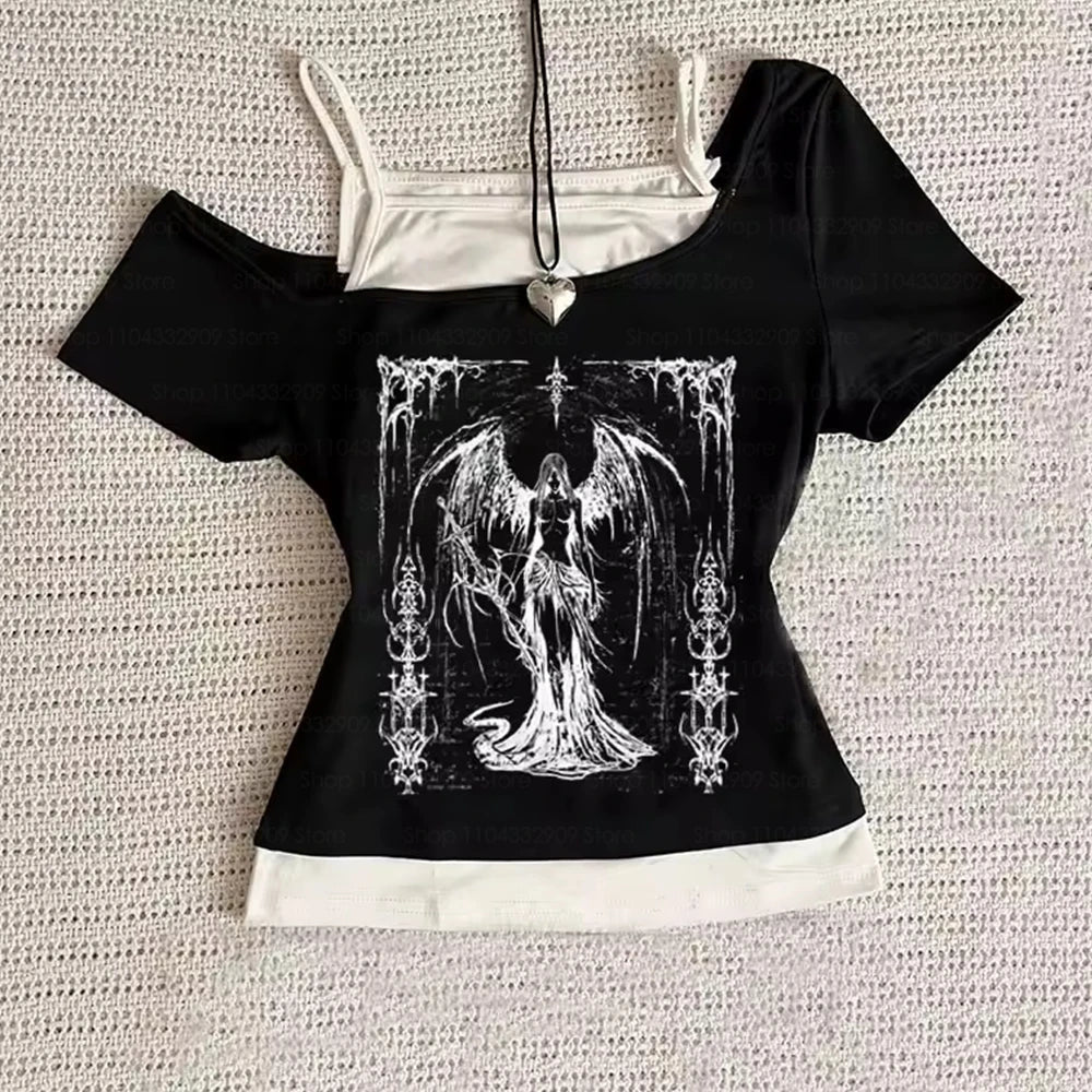 Aiertu  -  Y2k Slim Fit Print Tops Women Off Shoulder Short Sleeve Tee Shirt Neploe American Vintage Fake Two Piece Halter Lace Up T-shirts Aiertu