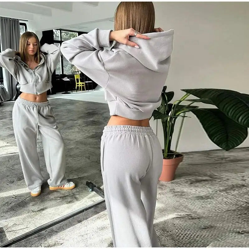 Aiertu  -  Casual Solid Hoodies Pants Set Women Long Sleeve Zipper Short Sweatshirt Loose Drawstring Trouser 2026 Autumn New Lady Tracksuit Aiertu